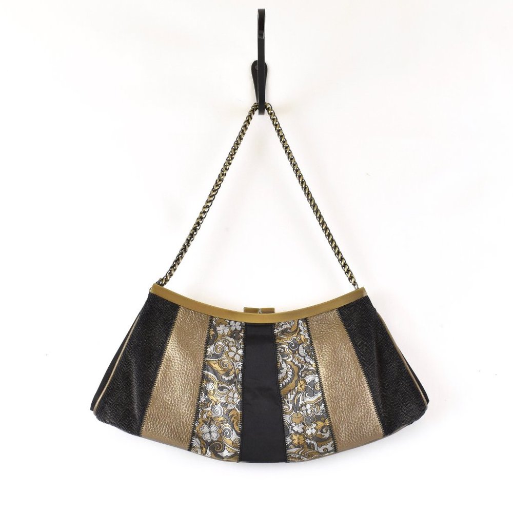 Chic Black & Gold Baroque Evening Clutch Shoulder Bag Paneled Leather & Cloth